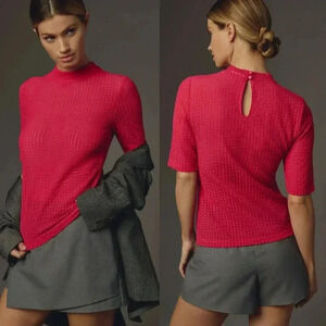 Anthropologie Maeve Sheer Mesh Mock-Neck Top in Pink Size Small NWOT $58